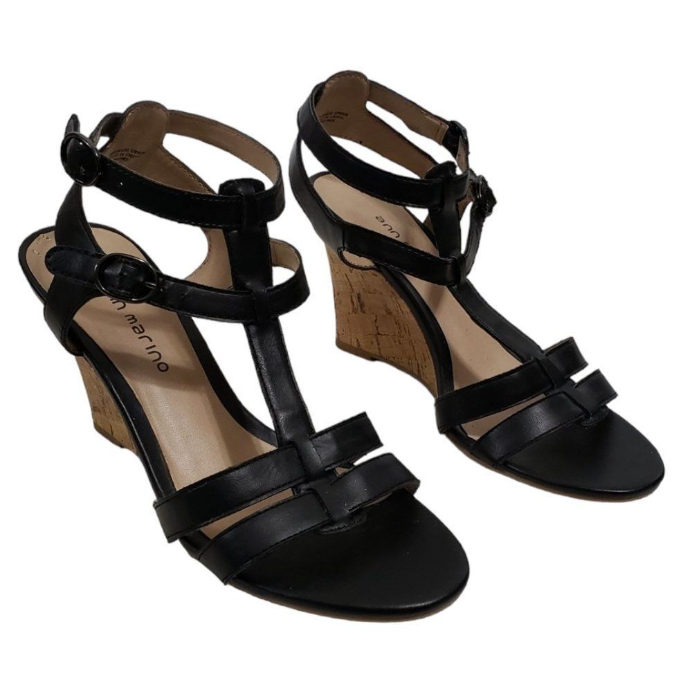 Ann Marino Womens Black Strappy Faux Cork Wedge Shoes Sz 8M Casual Office Party